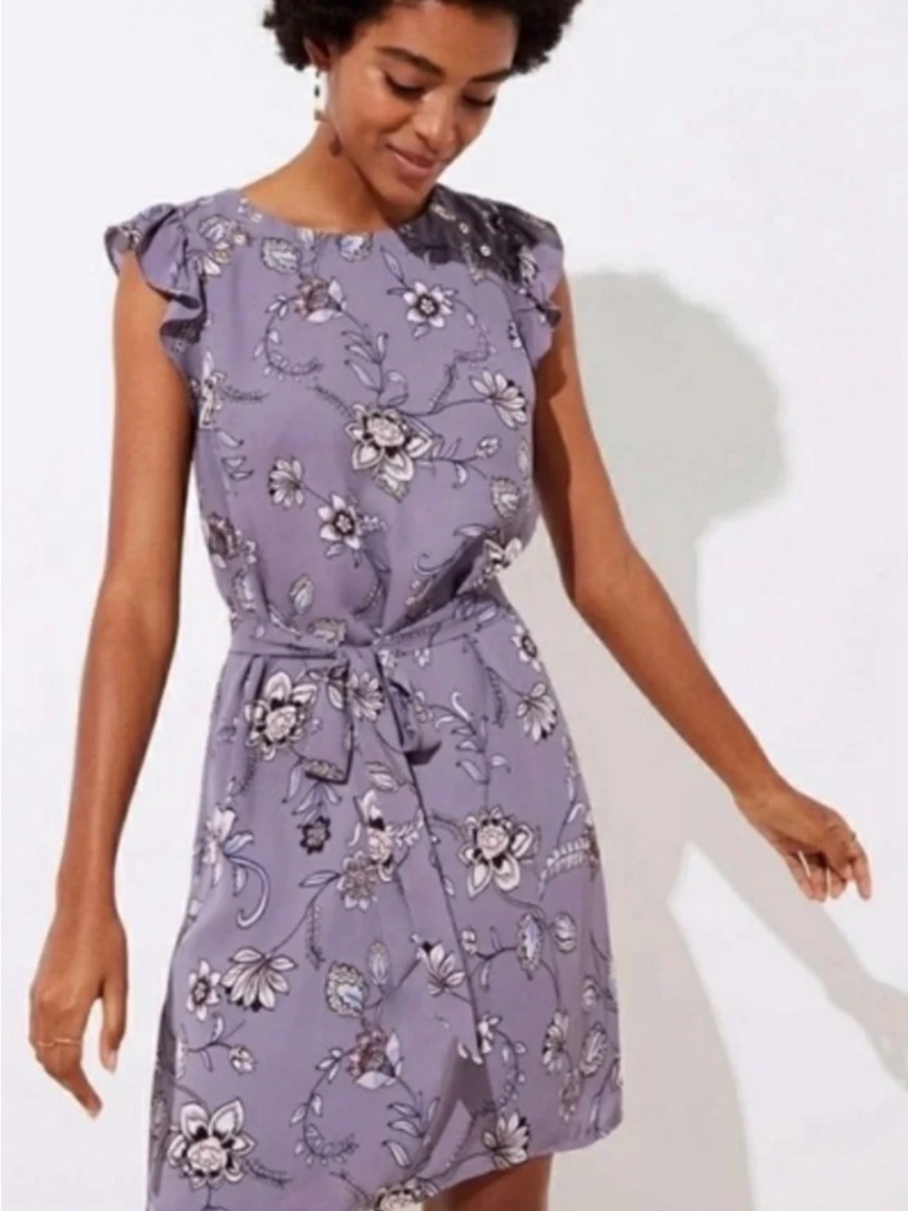 LOFT Size XSP Lavender Floral Belted Ruffle Dress